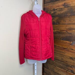 Carolyn Taylor vibrant red hooded quilted puffer jacket with sweater sleeves L